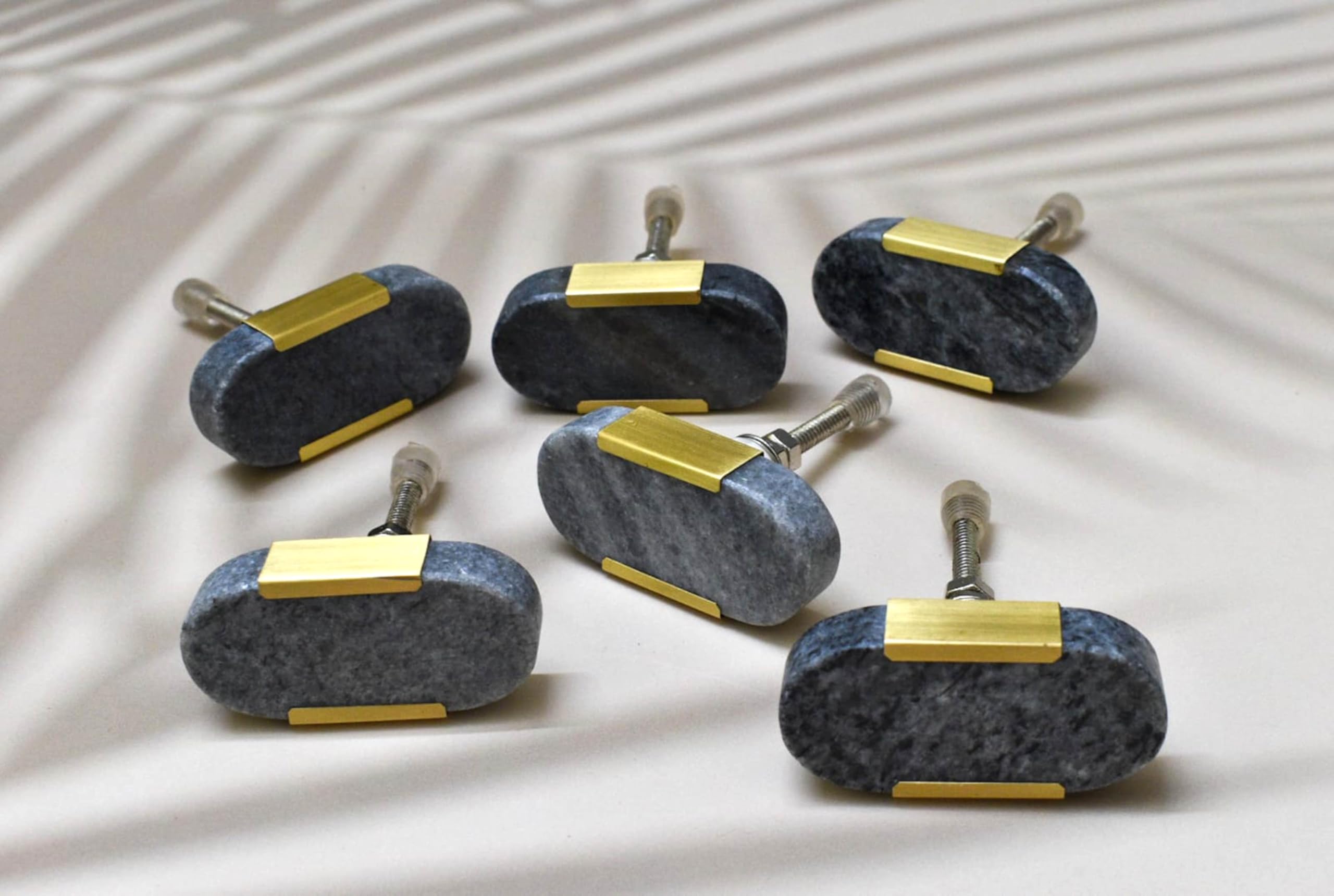 ARTISNO Oval Stone Brass Knob | Pull Handle | Drawer Knob | Furniture Knob | Cabinet Knob | Gold | Natural Stone | Brass Handle(Grey) Set-6