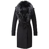 Bellivera Women Faux Leather Trench Coat Fleece-Lined Mid-length Jacket with Detachable Fur Collar