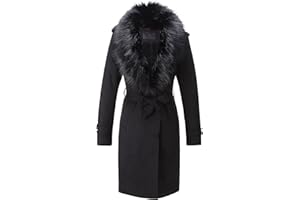Bellivera Women Faux Leather Trench Coat Fleece-Lined Mid-length Jacket with Detachable Fur Collar