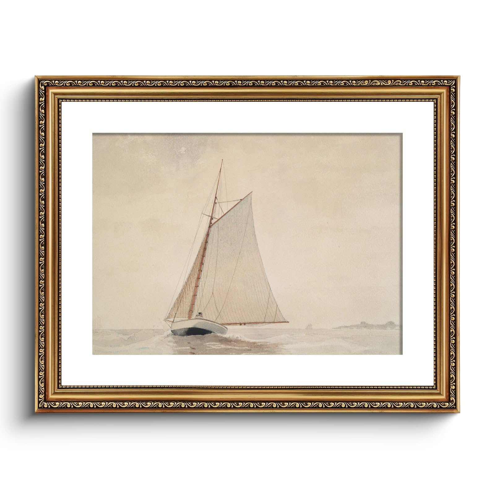 Photo 1 of **REFER TO NELLIS AUCTION PHOTO** VIYYIEA Gold Framed Wall Art Canvas Print Home Decor for Living Room White Sailboat Seascape Watercolor Vintage Beach Painting on Canvas - Coastal Wall Art Prints for Bedroom Office Bathroom 16x20in