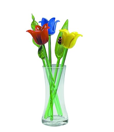 New Hand Blown Glass Tulip Flowers Leaves Set Glass Vase