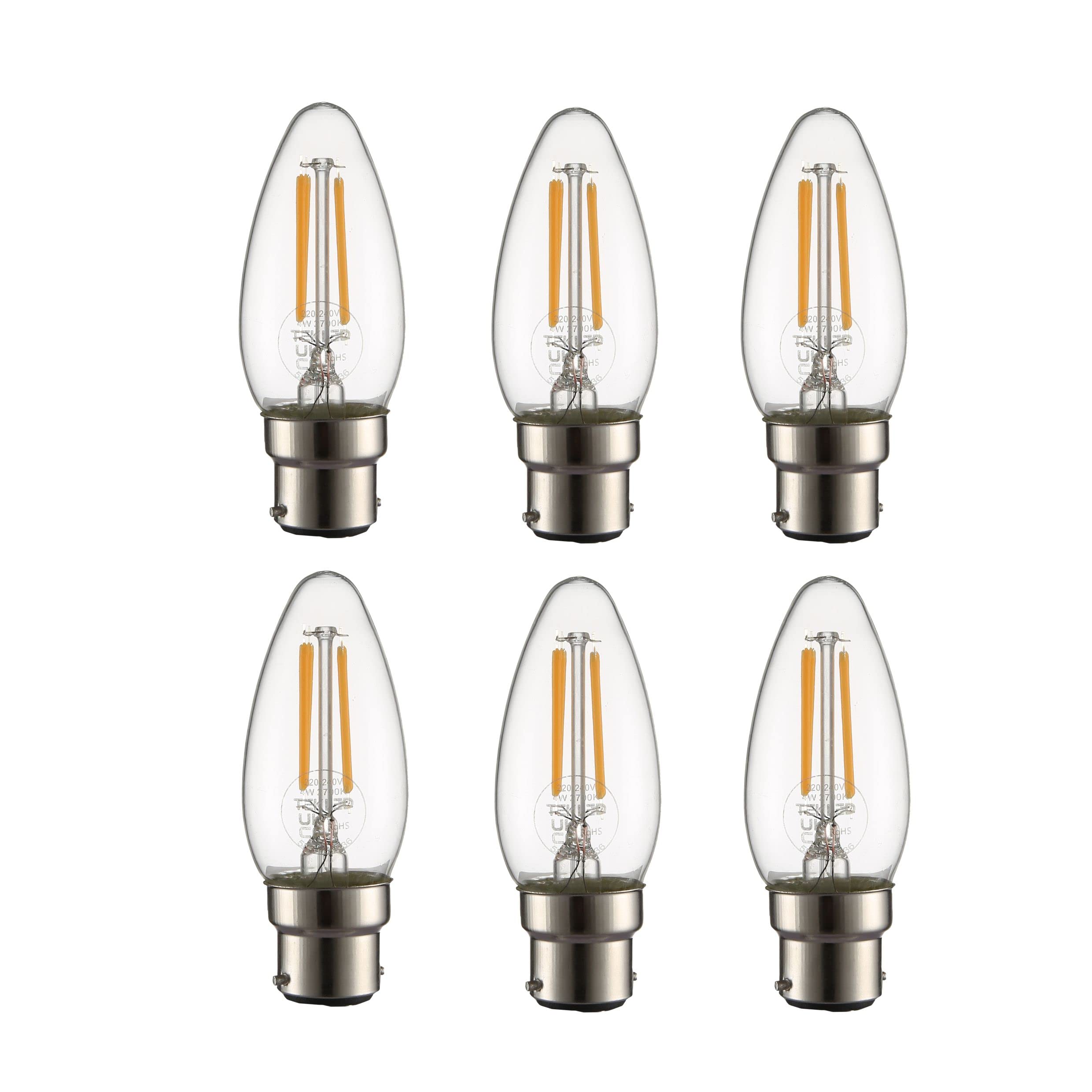 TEKLED® C35 Candle DIMMABLE Filament Vintage LED Bulbs | B22 Bayonet Cap | Energy Saving 4W Light Bulb 40W Equivalent | Clear 2700K 470LM | 6-Pack | Warm White (Dimmable B22)