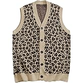 BEAUDRM Men's Leopard Print Sweater Vest V Neck Button Down Sleeveless Knitted Cheetah Vest