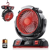 Camping LED Fan with Light, 40000mAh Rechargeable Battery Powered Outdoor Tent Fan with Light and Hook, 6 Speed, Personal USB Desk Fan for Camping, Fishing, Power Outage,Hurricane, Worksite