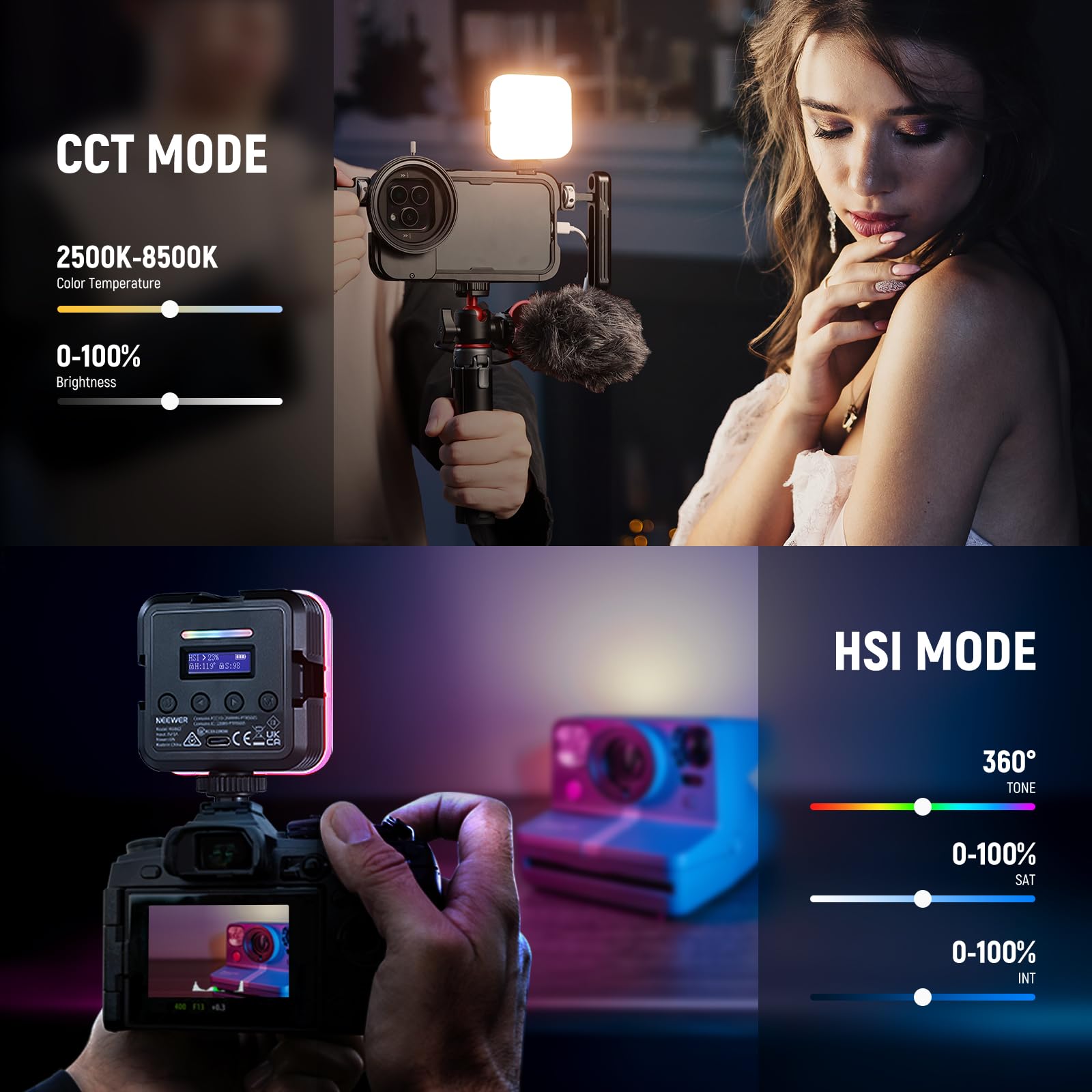 NEEWER Magnetic RGB Camera Light, 360° Full Color RGB61 Small LED Panel Video Light with 3 Cold Shoe Mounts/CRI 97+/20 Scene Modes/2500K-8500K/2000mAh Portable Recording Photography Selfie Lighting