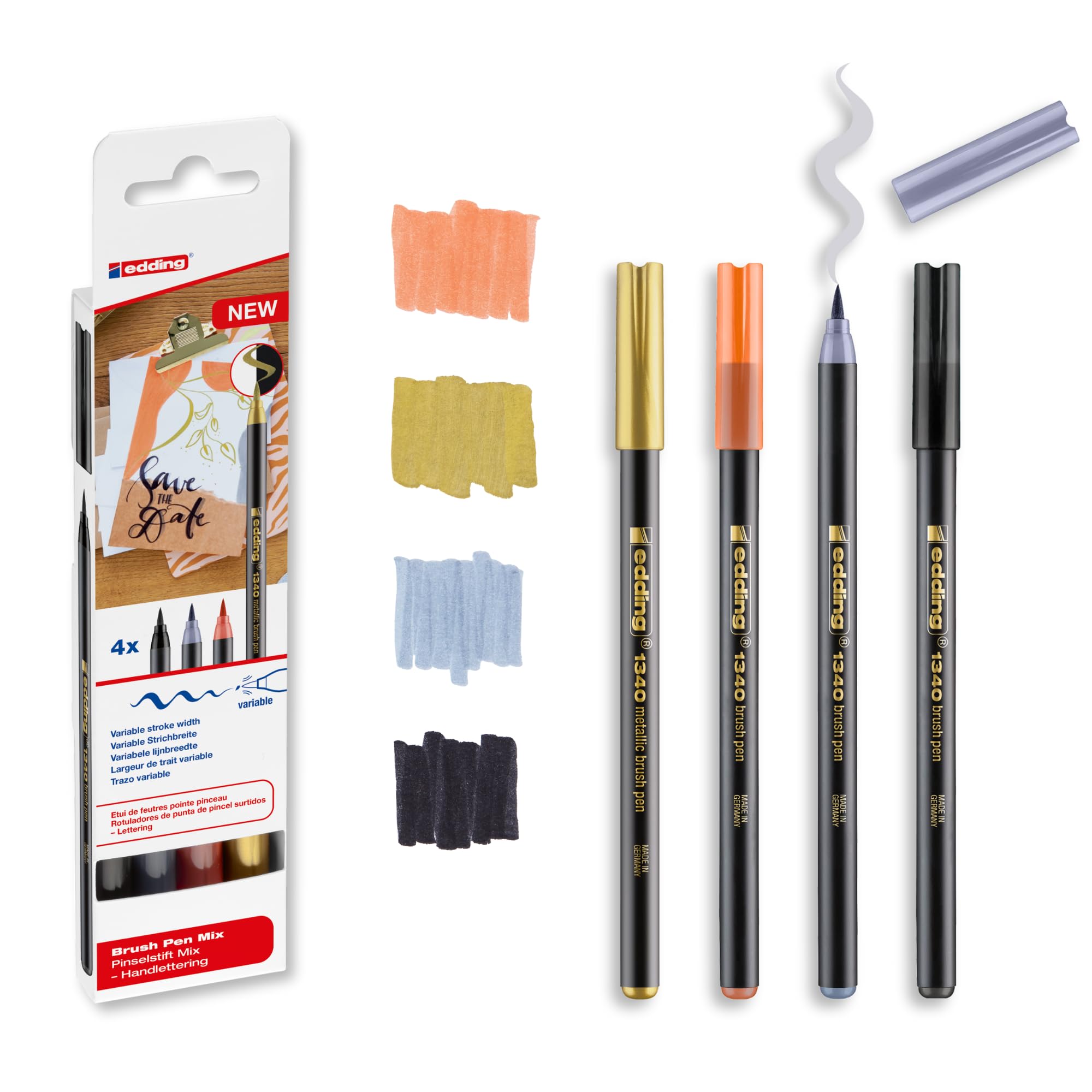 edding 1340 brush pen set - 4 pens - gold metallic, black, grey, apricot - flexible brush nib 1-6 mm - pens for lettering and drawing - high opacity even on darker paper