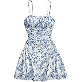 WDIRARA Women's Floral Print Ruched Cami Dress Spaghetti Strap Ruffle Hem Mesh Mini Dress