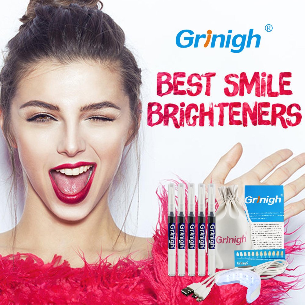Grinigh At Home Professional Teeth Whitening Kit with 5 x Natural Activated Charcoal Tooth Whitener Gel Pen - FDA Approved - Easy to USe - Fast Results - More Than 50 Treatments