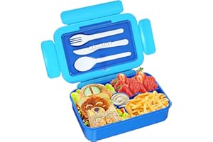 KEMETHY Bento Lunch Box for Kids, 4 Compartment Lunch Boxes Kids, Cutlery Storage Built-in Utensil Set, Leak-proof, Thicken, Microwave/Dishwasher/Freezer Safe, BPA-Free, Blue