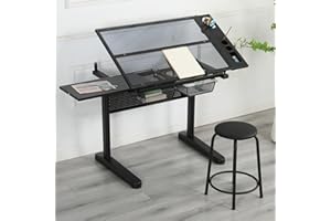 Gagawin Glass Drafting Table, Upgraded Hand Crank Adjustable Height Drawing Table Artist Table with Stool for Home Office, Tilting Art Craft Desk w/2 Storage Drawers and Side Table, Type 3-Black