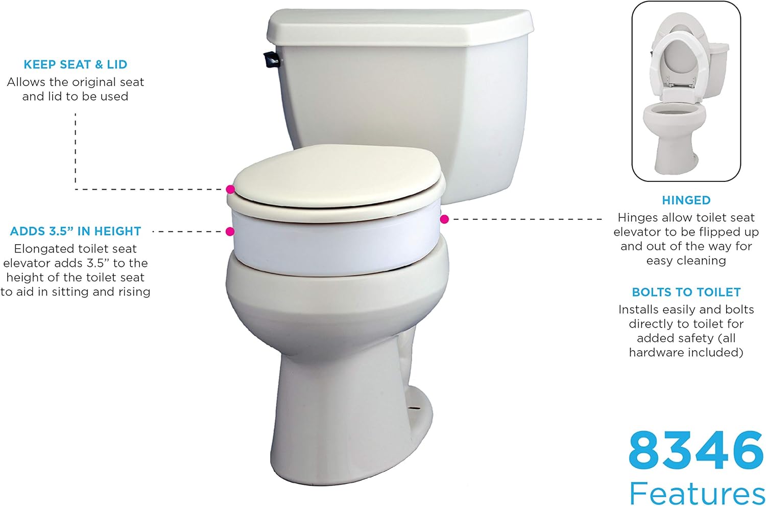NOVA Hinged Toilet Seat Riser, Lift Up and Down Raised Toilet Seat (For Under Seat), For Elongated Seat: Health & Personal Care