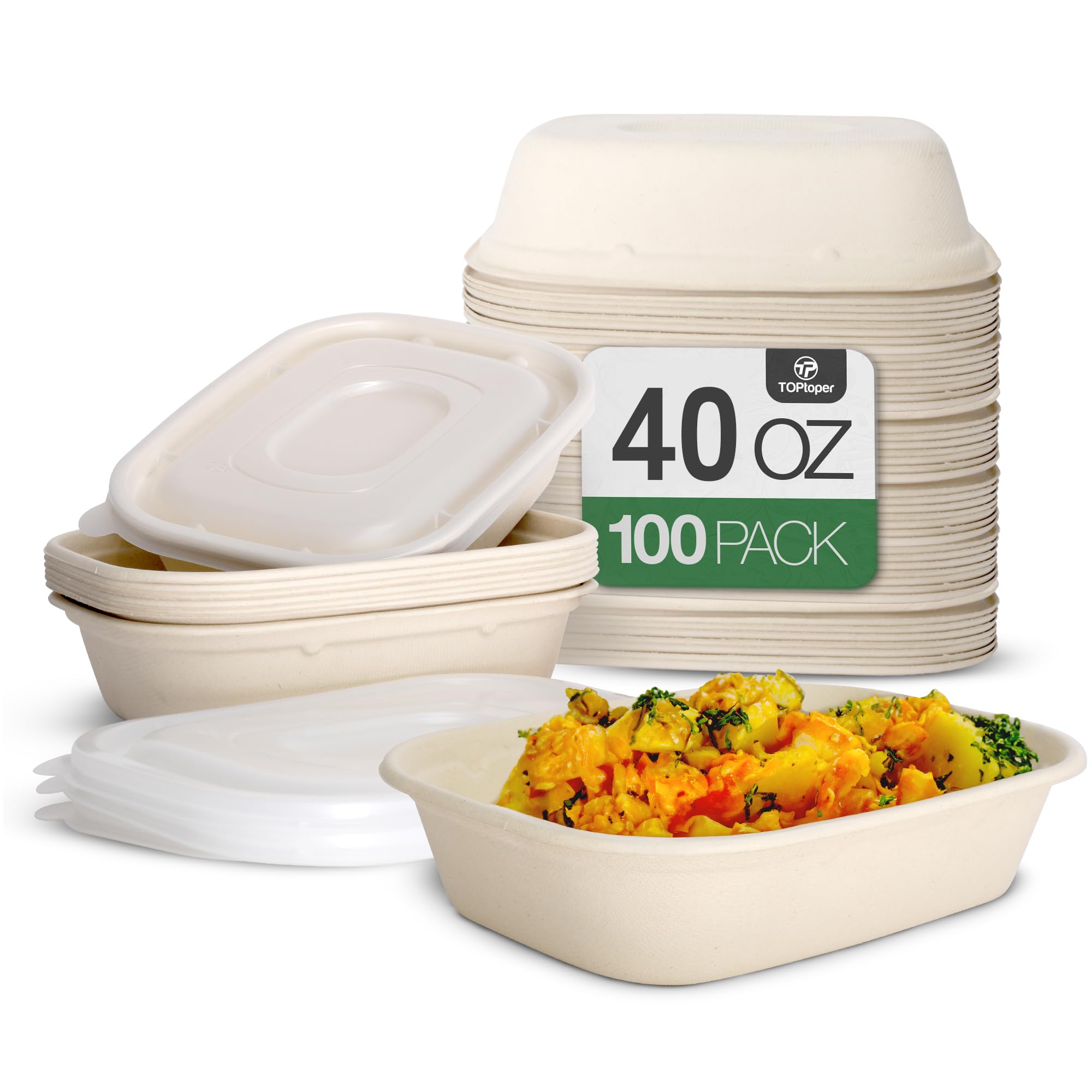 Photo 1 of TOPtoper 100 Pack 40 Oz Large Paper Bowls with Lids, Heavy Duty Compostable Paper Bowls for Party, Disposable Bowls Bulk Leakproof and Microwave Safe for Hot/Cold Use