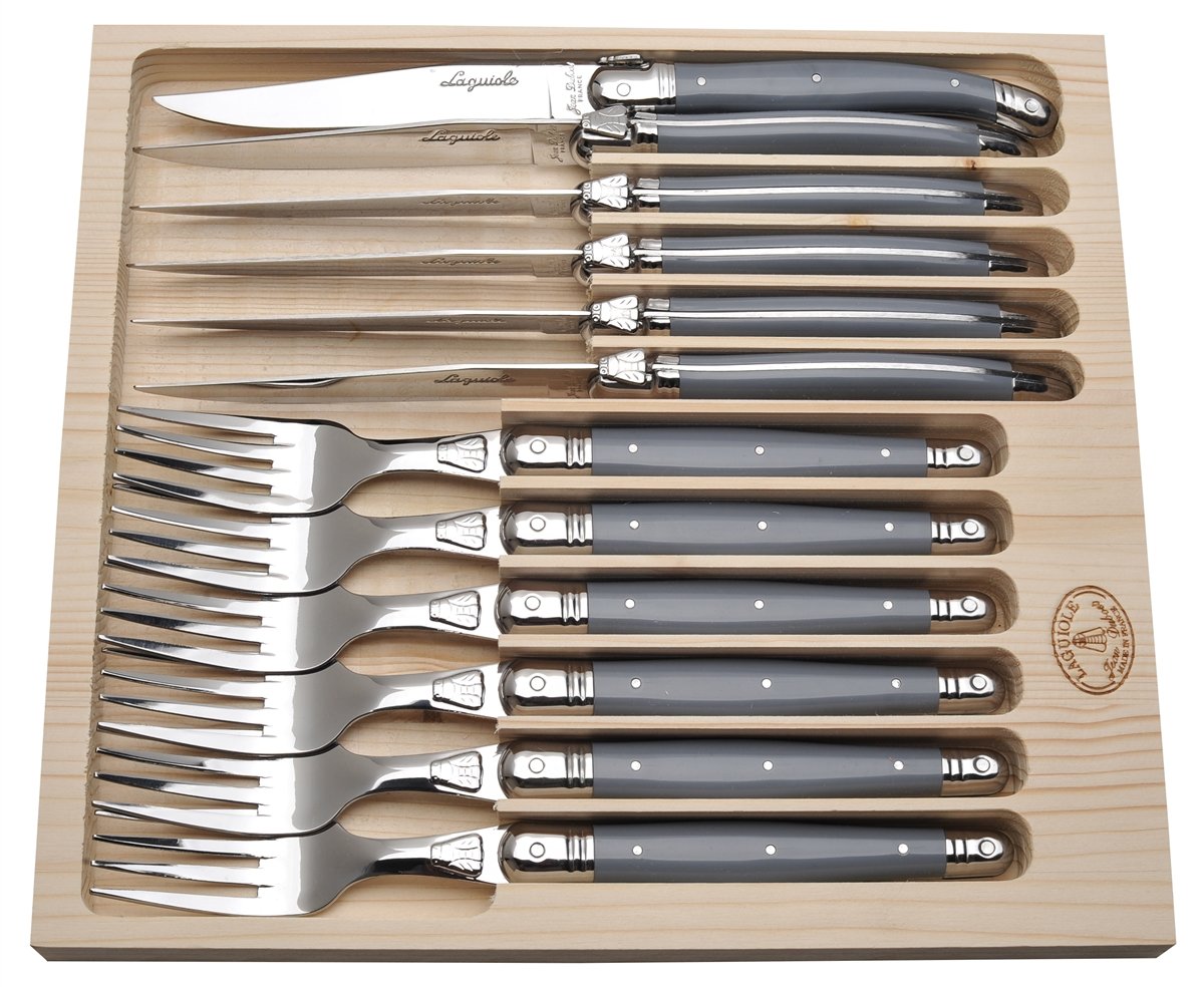 Jean DubostLaguiole 12-Piece Flatware Set, Gray Handles - Rust-Resistant Stainless Steel - Includes Wooden Tray - Made in France