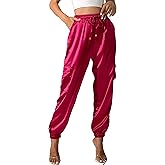 Women's Satin Cargo Joggers Pants Dressy Casual Silky Elastic High Waist Trousers