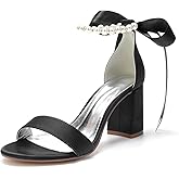 Hyinlays Chunky Block Heels for Women High Heel with Pearls Ankle Strap Wedding Shoes Open Toe Heels Dressy Pumps Sandals
