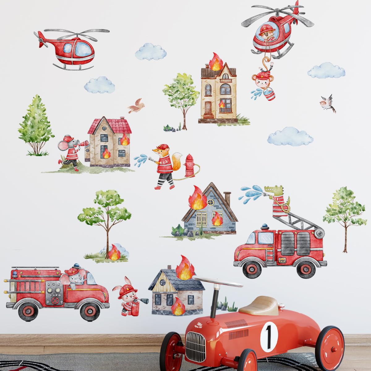 Runtoo Fire Truck Wall Decals Engine Transport Vehicle Wall Stickers Helicopter Firefighter Wall Decor for Boys Room Kids Bedroom Playroom Classroom