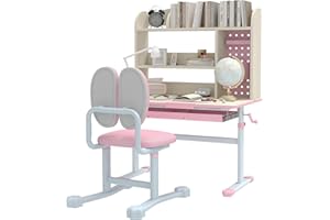 Qaba Kids Desk and Chair Set, Height Adjustable Children Study Table and Chair Set with Tiltable Desktop, Drawer and Shelves 