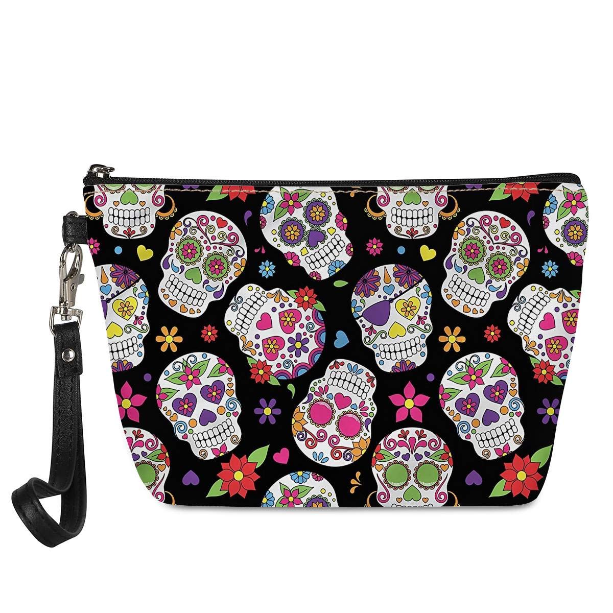 spArt Sugar Skull Cosmetic Pouch Travel Cluth Makeup Bag Pencil Case Purse with Wristlet Hanging Strap