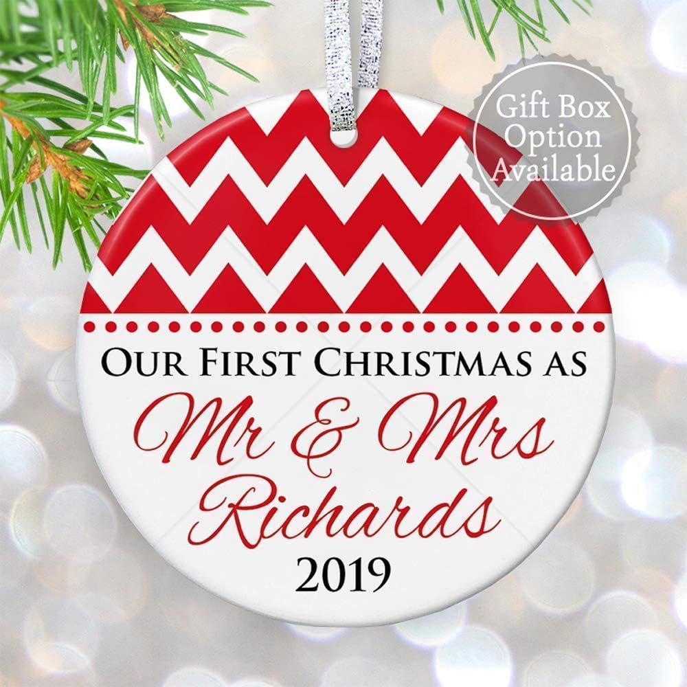 First Christmas as Mr & Mrs Ornament 2019, 1st Christmas Married Ornament, Keepsake for Couple - 3" Flat Circle Porcelain Ceramic Ornament - Gold & Silver Ribbon | PGM-OR-01a