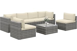 SUNVIVI OUTDOOR 7 Piece Patio Furniture Sets All Weather Gery PE Wicker Couch Sofa with Glass Table, Removable Beige Cushions, Brown Rattan