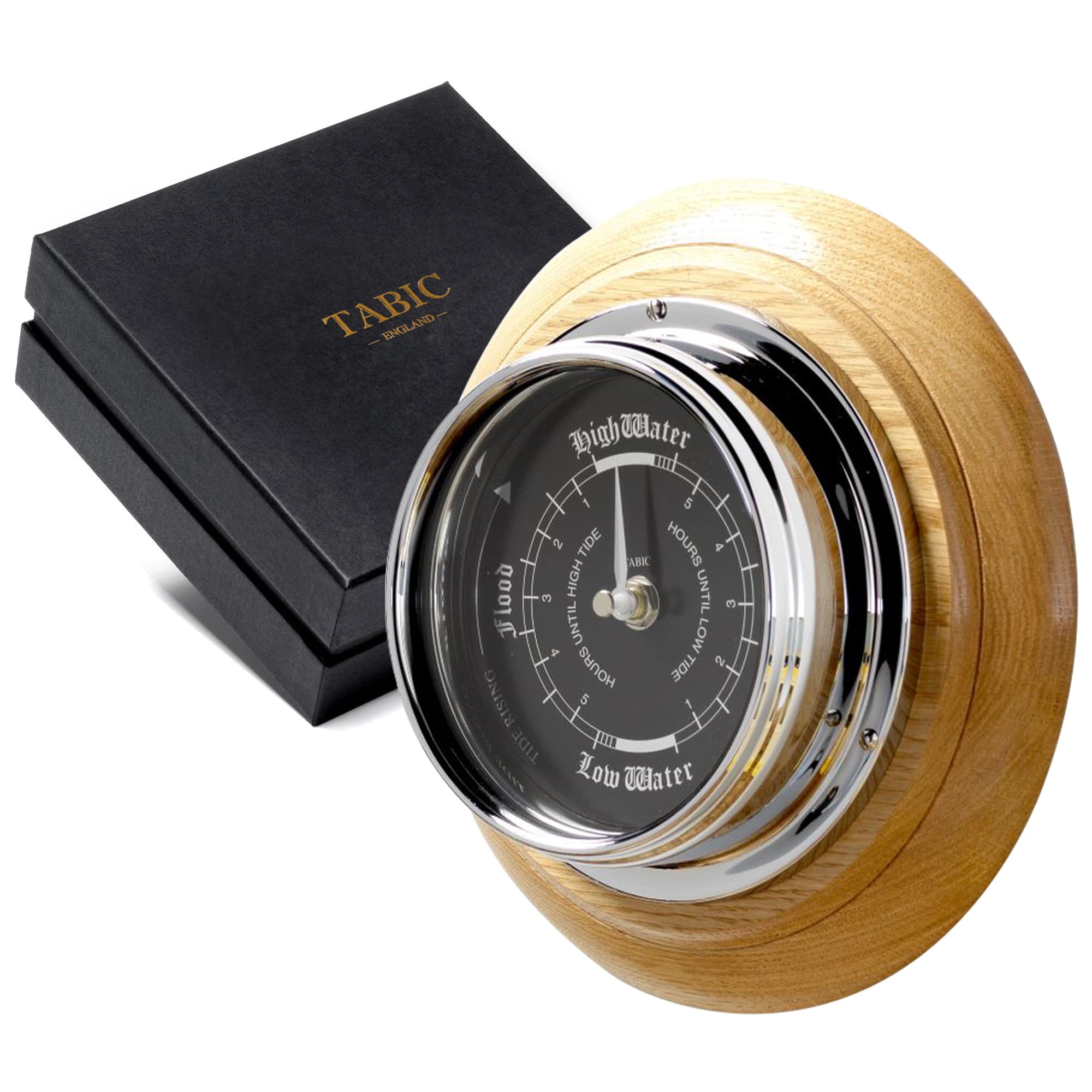 Tabic Prestige Tide Clock With Jet Black Dial, mounted on a Solid English Oak Mount, TideClock, Heavy Brass case And Electroplated with Chromium (1/2kg), Handmade in England