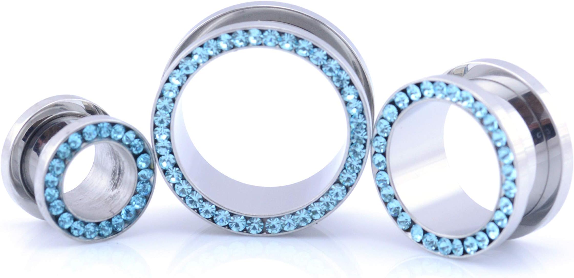 Vault 101 Limited Surgical Steel Multi Crystal Rimmed Screw Fit Ear Stretcher Flesh Tunnel/Plug - Aqua GEMS