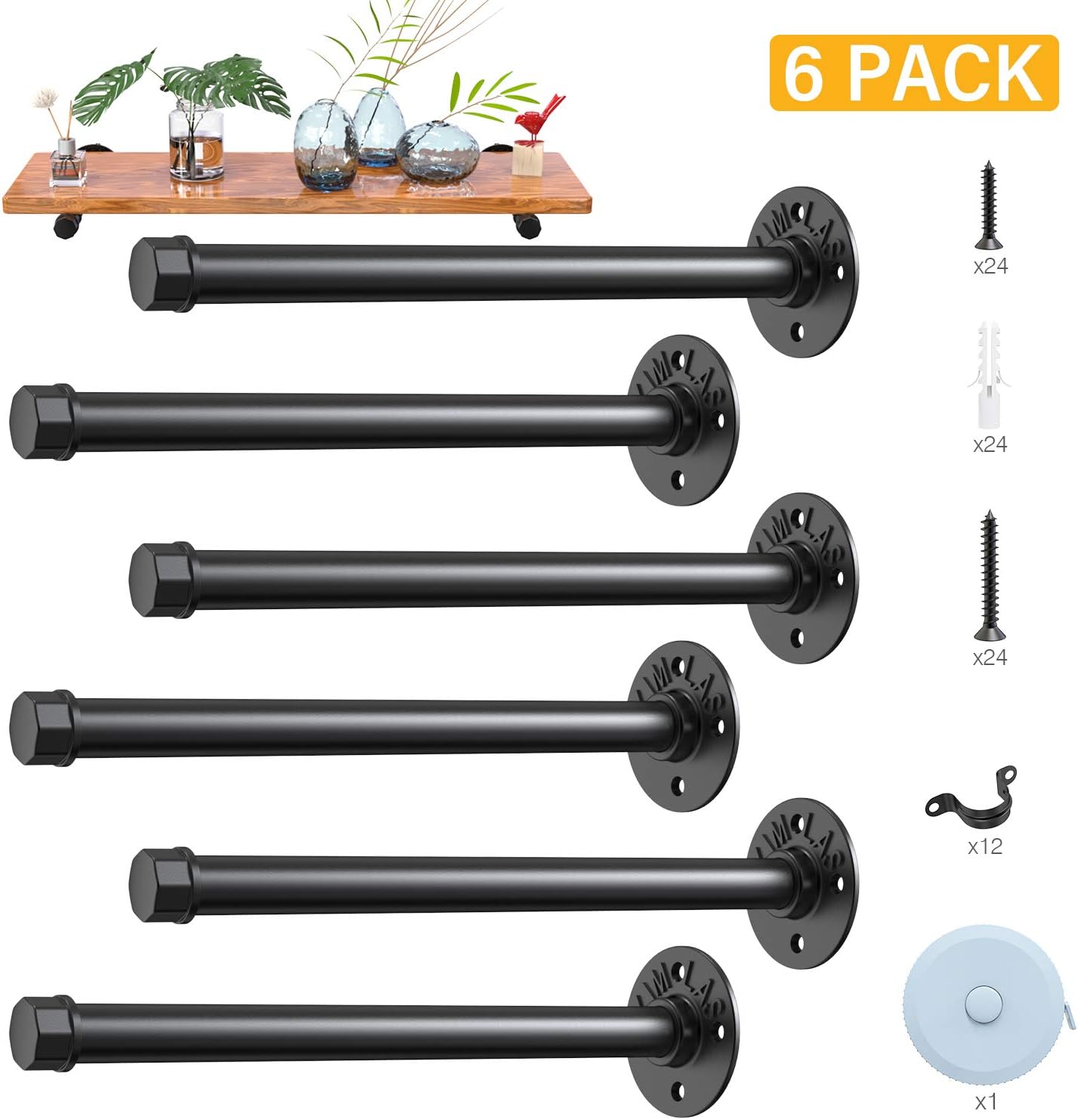 Shelf Brackets 12Inch, NEIJIAER 6 Pcs Shelf Bracket Heavy Duty Industrial Black Iron Pipe Shelves, with Screws & Tape Measure DIY Shelving Brackets for Kitchen Bedroom Bathroom Porch Home Pipe Decor: Home Improvement