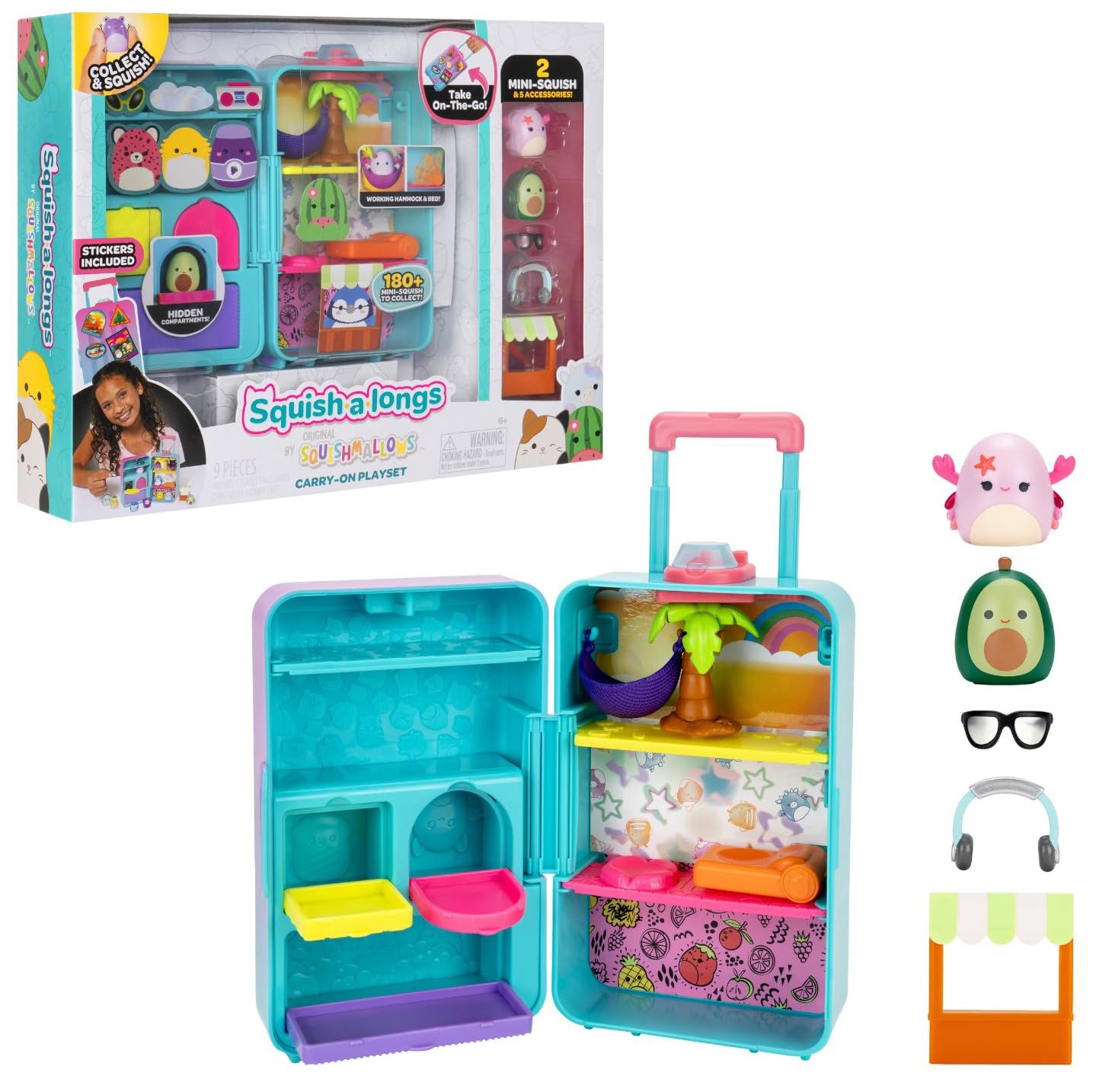 Squish-a-longs On-The-Go Luggage Playset - (2) 1” Mini-Squish, 3 Levels of Play, 3 Accessories & 2 Play Pieces - Collect, Trade, & Play - Ages 6+