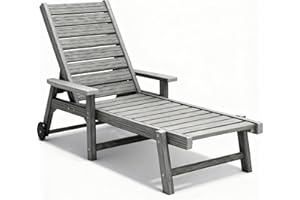 ACUEL Chaise Lounge Chairs for Outside, HDPE Outdoor Lounge Chairs with Adjustable Backrest, Wheels, Armrest, All Weather Poly Lumber Recliner for Patio, Poolside, Porch (Grey)