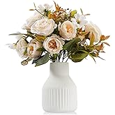 MiaTen Small 10" Fake Fake Flowers in Vase Silk Roses Artificial Flowers in Ceramic Vase,Faux Flower Plant Arrangement for Home Office Farmhouse Bathroom Dining Table Centerpiece Decorations (White)