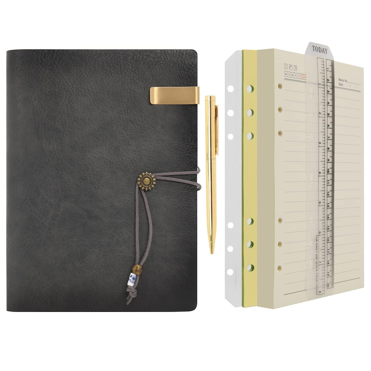 WONDERPOOL A5 Leather Diary Lined Paper Notebook & Pen - Refillable 6 Ring Binder Writing Spiral Journal for Office Travel Work and Plan Agenda(a-Grey, A5)