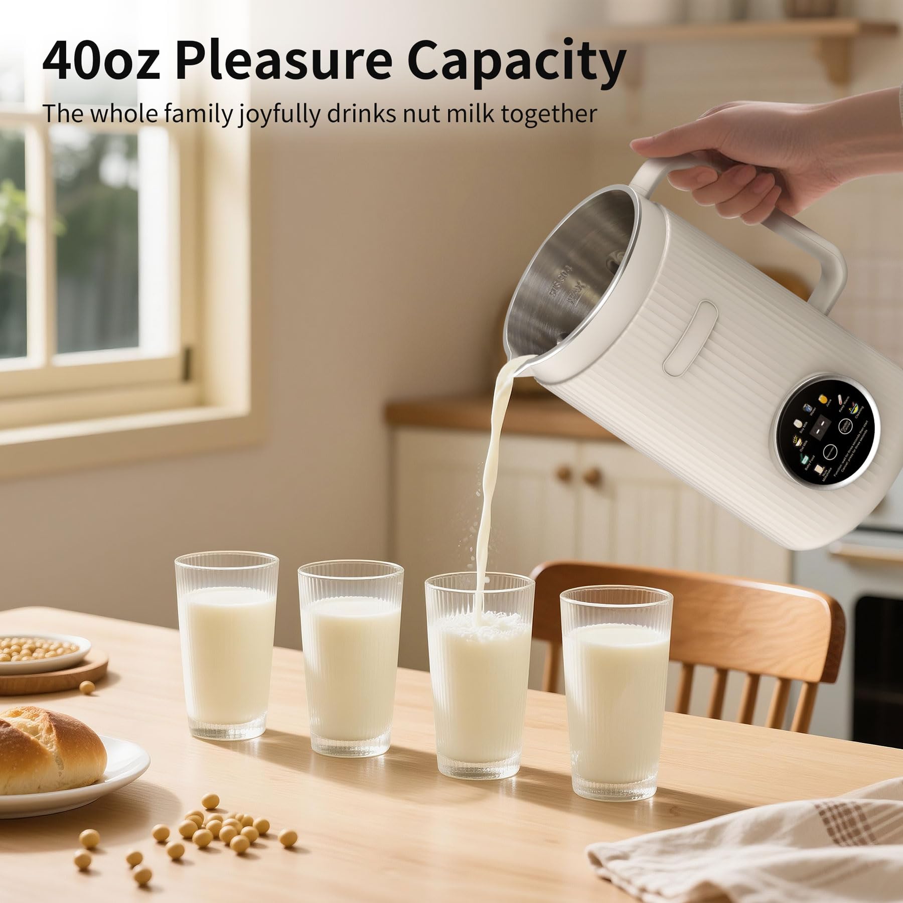 VBGK Licuadora automática para hacer leche de nueces 8 en 1 con 20 cuchillas, 40 oz de coco casero, soja, avena, almendras, leches a base de plantas y bebidas no lácteas con inicio retardado de 18 horas/mantener caliente/hervir agua/autolimpieza