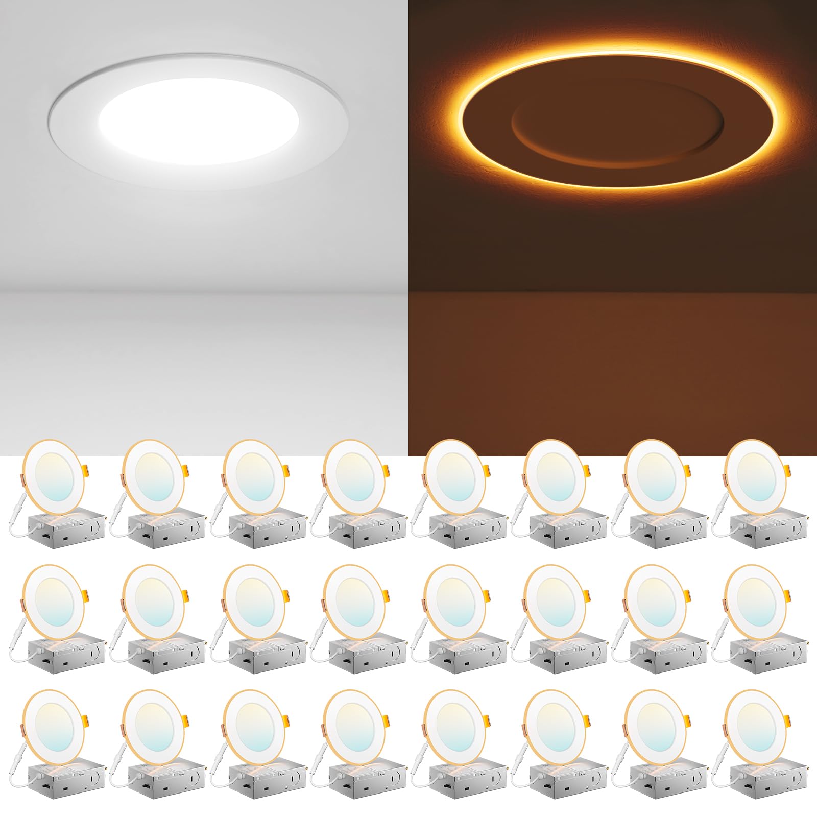 Photo 1 of Amico 24 Pack 4 Inch 5CCT LED Recessed Ceiling Light with Night Light, 2700K/3000K/3500K/4000K/5000K Selectable Ultra-Thin Recessed Lighting, 10W=90W, 700LM, Dimmable Canless Wafer Downlight ETL&FCC