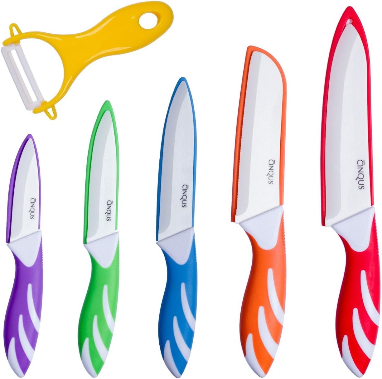 Ceramic Knife Set - 6 Piece kitchen Set of Knives Ceramic Set with Sheaths Covers & Ceramic Peeler – Anti-Bacterial Blade Knives - Includes Paring, Fruit, Utility, Chef & Bread Knife – By CINQUS