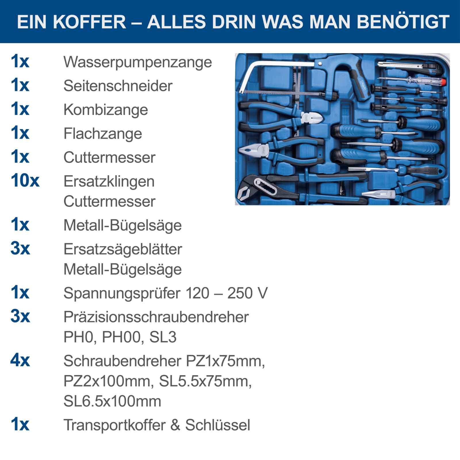 Scheppach TB173 Werkzeugkoffer gefüllt 173-tlg Werkzeug Set | Werkstattkoffer bestückt mit Abisolierzange, Schraubenschlüssel, Hammer, Schraubenzieher, Säge, Werkzeugkiste für Werkstatt und Haushalt 7