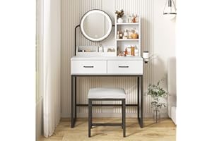 Vabches Makeup Vanity Desk with Mirror and Lights, Cute Vanity Makeup Table, Small Vanity Table for Bedroom with Lots Storage, 3 Lighting Modes, 31.5in(L)