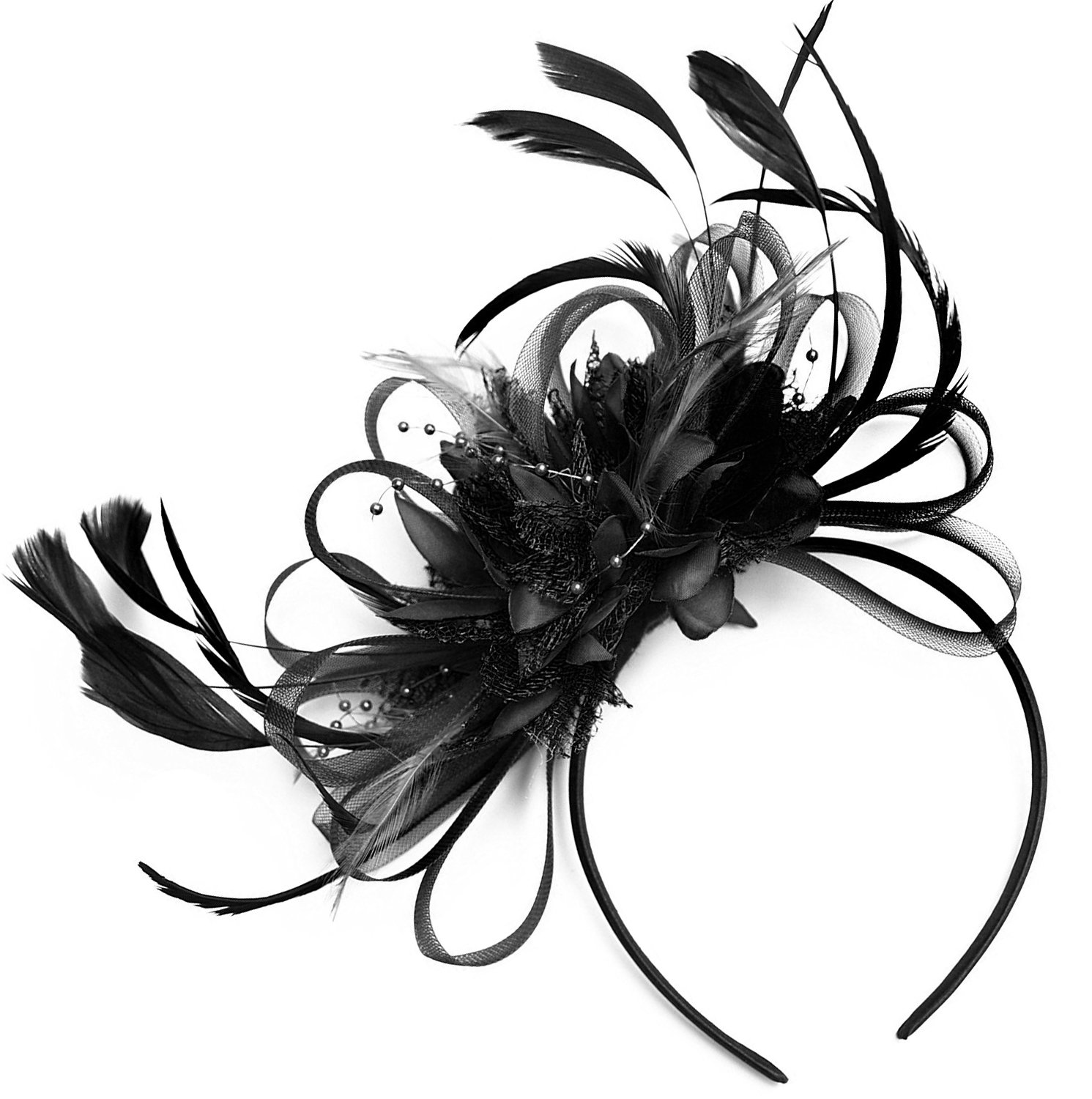 Caprilite Hoopmix Crinoline Flower Headband Fascinator for Women Wedding Ascot Races (Black)