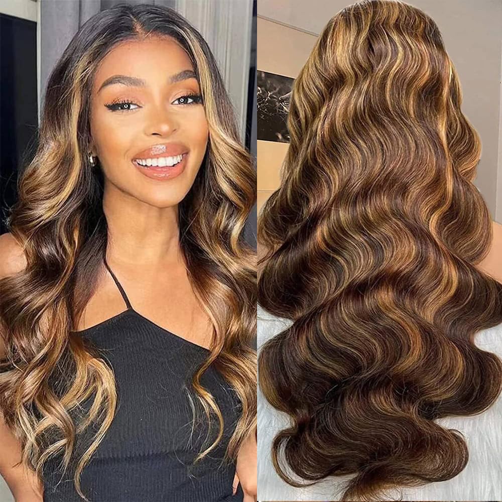 Glueless Wigs Human Hair Wear and Go 4x4 HD Lace Front Glueless Wig Human Hair 180 Density Pre Plucked Pre Cut Body Wave Lace Front Wigs for Women Blond Ombre Color P4/27 (16 inches)