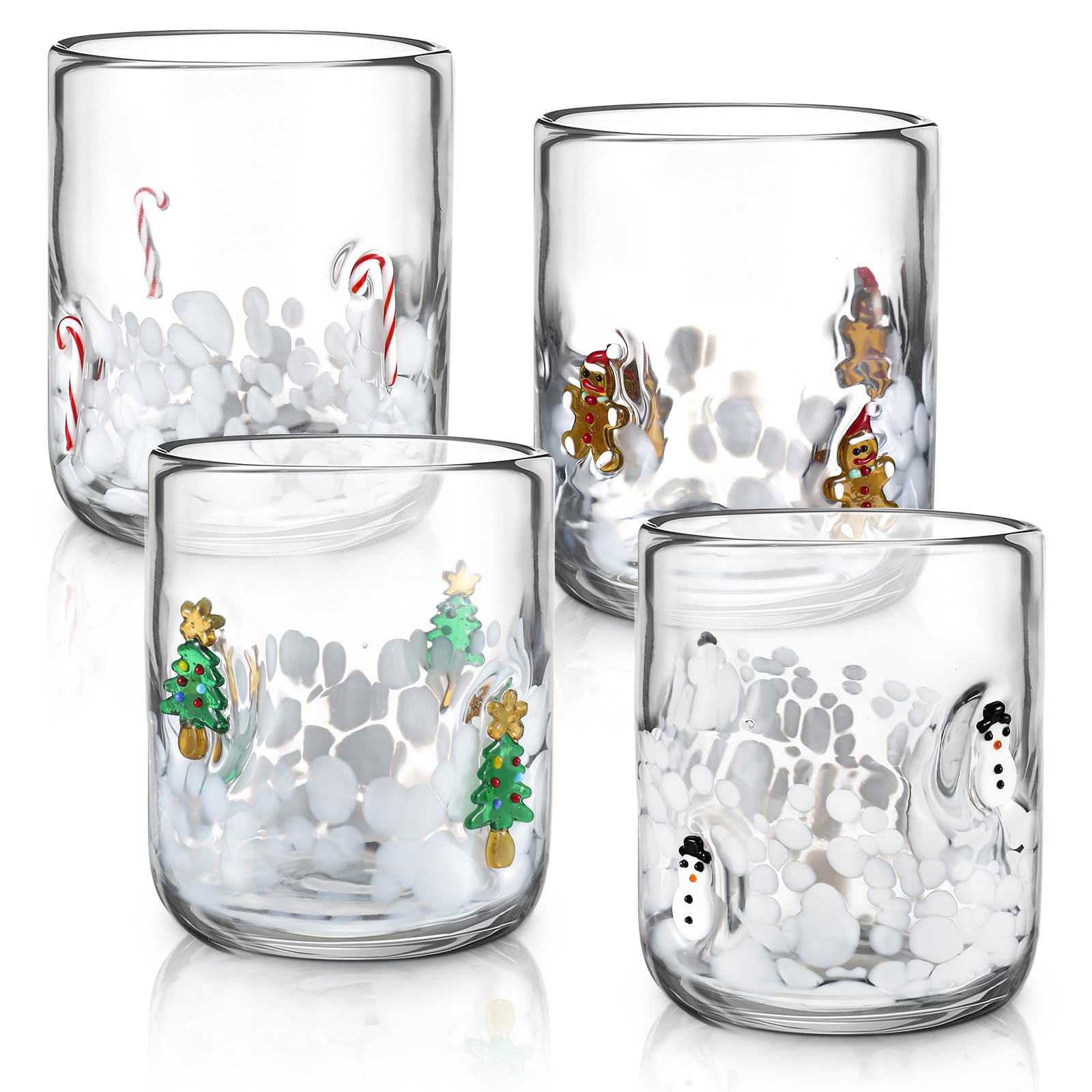 Photo 1 of *ONLY 2* Skylety 4 Pcs Christmas Icon Glass Cups - 16 oz Icon Juice Glasses with Christmas Tree, Gingerbread, Snowman, Candy Canes Double Old Fashioned Hand Blown Drinking Cups for Xmas Party Lovely Gifts