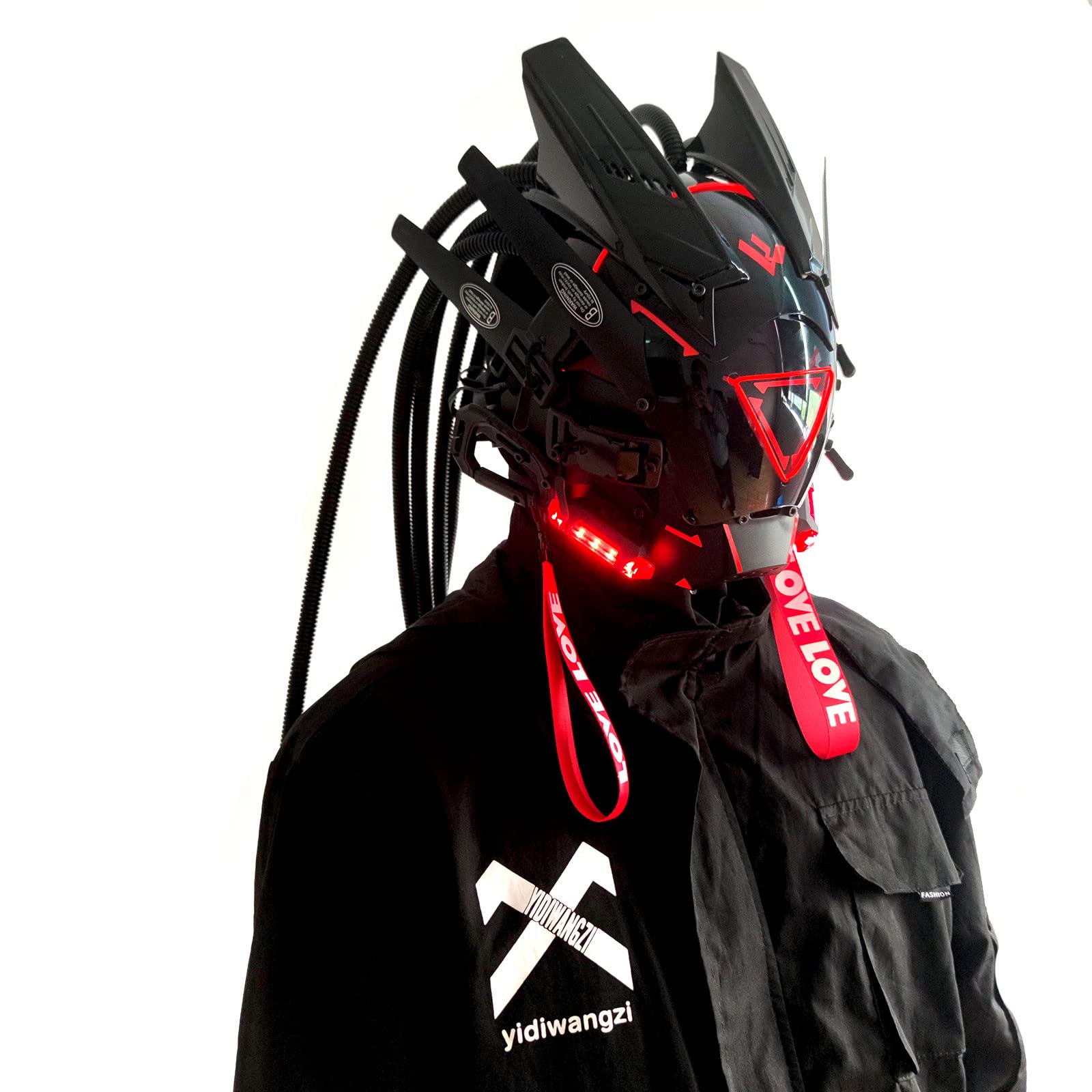 JAUPTO PipeHair Punk Mask Helmet,LED Light Futuristic Techwear Mask,Sci-Fi Full-Face Punk Helmet Costume Accessory