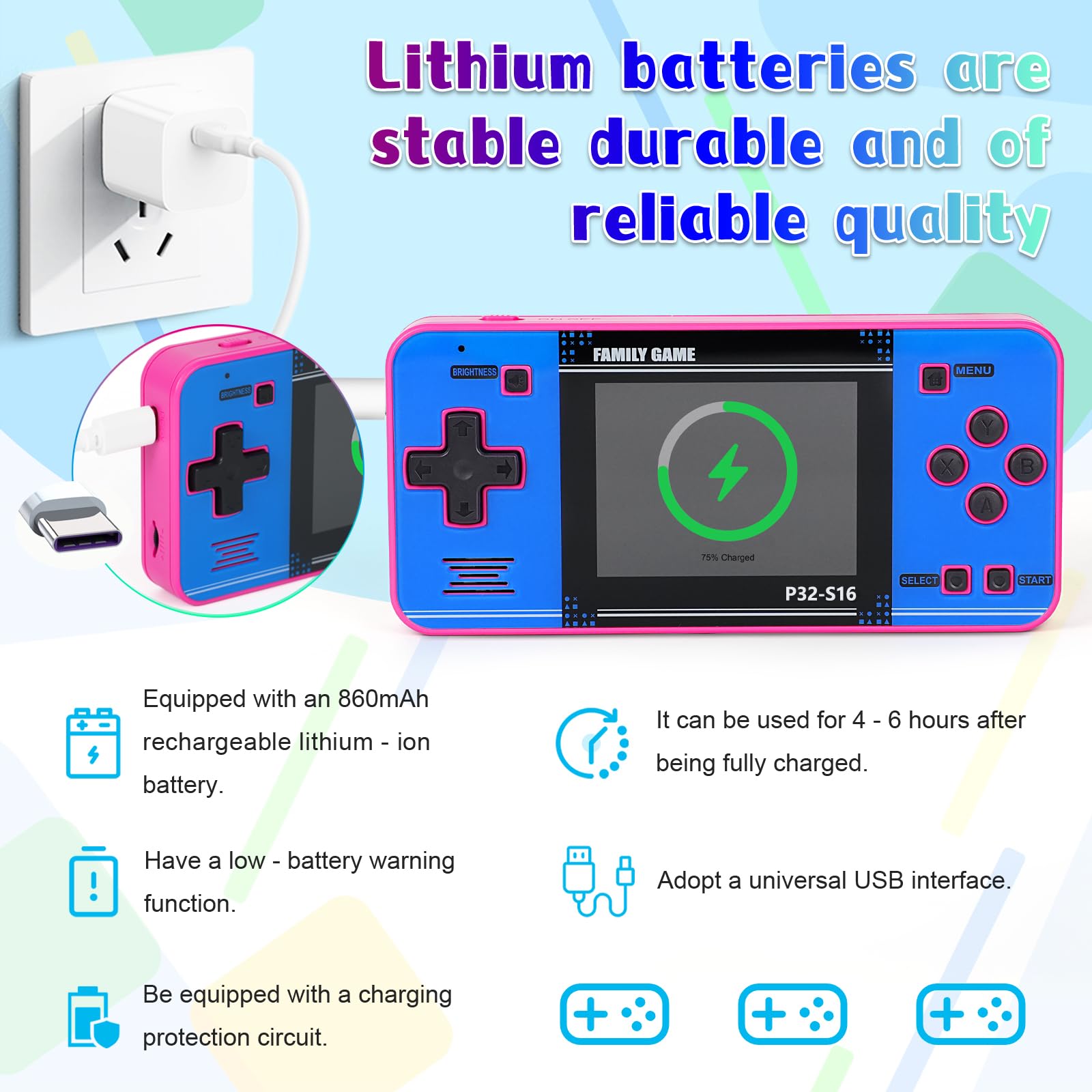 Handheld Game for Kids ，Built-in 220 32-bit Video Games, 3.0” IPS Screen, Rechargeable Portable Game , Travel Mini Arcade Electronic Toys Gift for Boys and Girls (Pink+Blue)