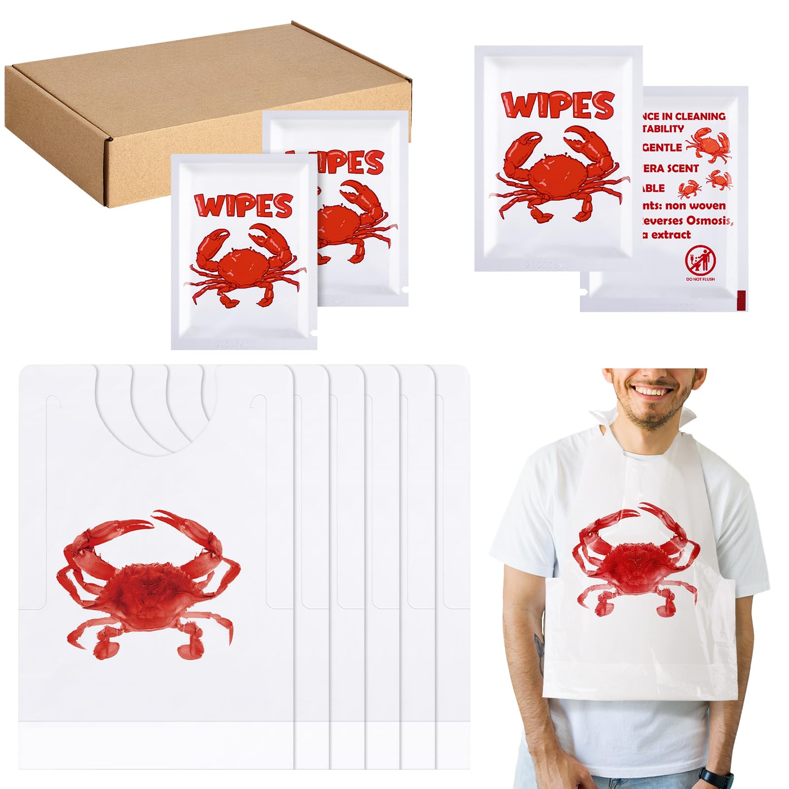 Photo 1 of Wesiti 100 Pcs Lobster Crab Bib Wet Wipe Set 50 Crawfish Bib Disposable Adult 50 Moist Towelettes Seafood Boil Party Supply(Crab)