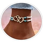 Elastic Beaded Beach Anklet for Women, Seed Bead Double Hollow Hearts Stretch Anklet, Double Layered Small Beads Ankle Bracelet, Cute Boho Heart Foot Jewelry for Summer Beach Wedding Dance Yoga