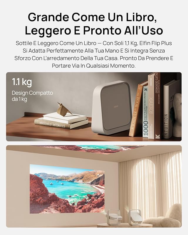 Elfin Flip Plus Proiettore Portatile 1080P, 500 Lumen ISO