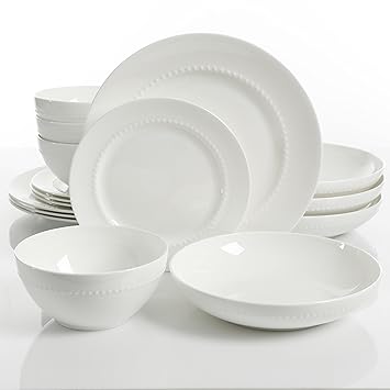 Gibson Elite 99845 99846.16RM Embossed Bone China 16 Piece Double Bowl Dinnerware Set White, Pc