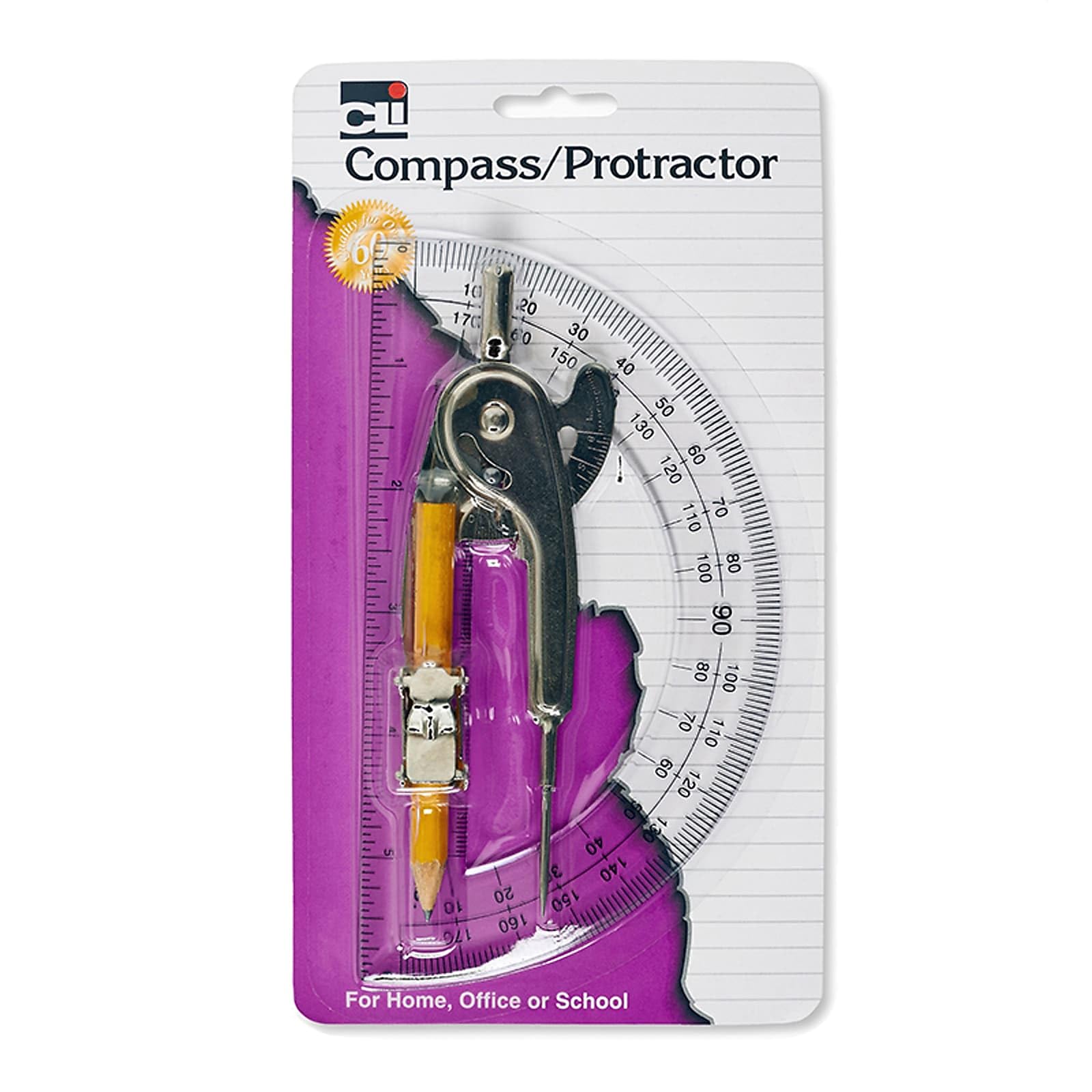 Photo 1 of Charles Leonard Ball Bearing Compass and 6 Inch Protractor Combo Set, Metal/Clear Plastic, Assorted Colors, 1 Combo Pack (80960)