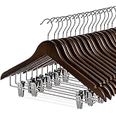 Wooden Clothes Hangers with Clips, 16Pack Wood Skirt Hangers with Clips, High-Grade Selected Walnut Wood Hangers with Sturdy Metal Clips for Pants, Suit, Heavy Winter Coat, Jacket, Formal Dress