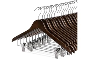 HOUISM Wooden Clothes Hangers with Clips, 16Pack Wood Skirt Hangers with Clips, High-Grade Selected Walnut Wood Hangers with Sturdy Metal Clips for Pants, Suit, Heavy Winter Coat, Jacket, Formal Dress