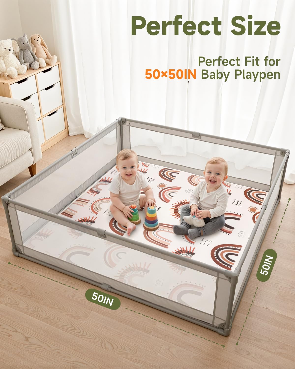 Baby Floor Play Mat,Soft Thick Foam Padded Tummy Time Mat,Waterproof Wipeable Kids Playmat for Babies 6-12 Months,Non-Slip Bottom for Crawling to Nursery Playpen,Rainbow