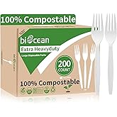 Biocean Extra Heavyduty Compostable Forks [200 Count,7In] Disposable Cutlery No Plastic Forks Large Biodegradable Utensils Eco Friendly Silverware Serving Flatware for Party,Daily Use,BBQ,Picnic